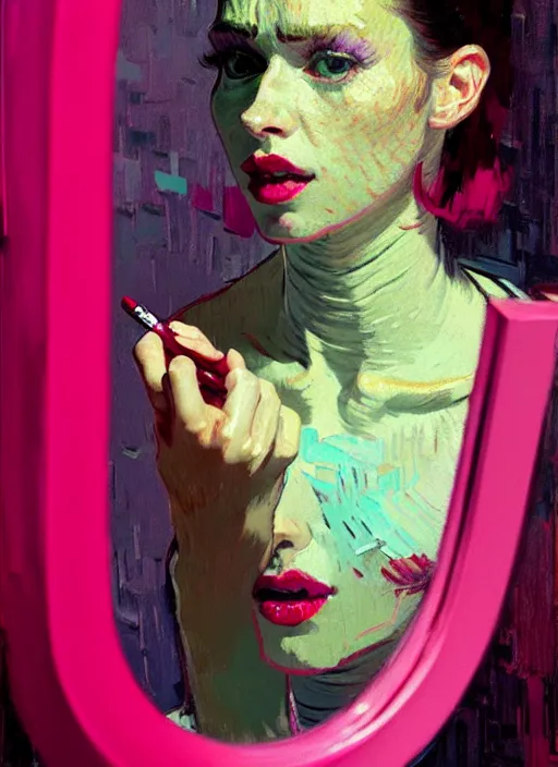 Image similar to portrait of a beautiful girl, putting on lipstick in mirror, shades of pink, beautiful face, rule of thirds, intricate outfit, spotlight, by greg rutkowski, by jeremy mann, by francoise nielly, by van gogh, digital painting