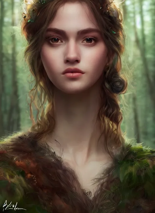 Prompt: portrait of a gorgeous princes of the forest, 8k render, ultra realistic, soft lighting, artstation, Annie Leibovitz, artgerm