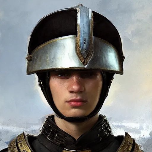 Prompt: Medium closeup young idealistic and pious male Imperial soldier wearing a black tabard with light yellow accents over a gambeson and a medieval helm, by Raymond Swanland Greg Rutkowski Lise Deharm, {perfect face}, {perfect eyes}