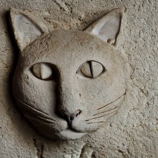 Prompt: close - up museum photo of an ancient limestone clay statue of a cute cat, with letter ה!!! on its head, clay, hebrew, israel, studio lighting, professional, promo,