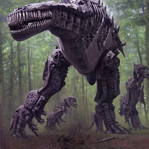 Image similar to An angry robotic hybrid of a T-Rex standing tall a lush green forest, machine parts exposed all over the T-Rex body, sci-fi concept art, highly detailed, oil on canvas by James Gurney