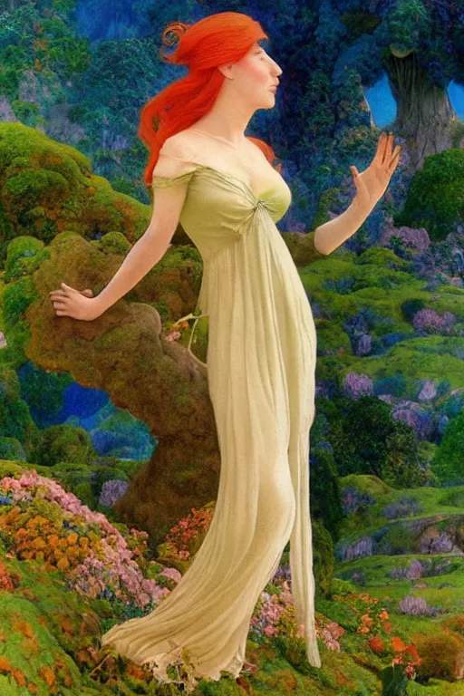 Prompt: a beautiful fairy wearing a silk gown, in a lord of the rings scenery landscape, rainbowshift, by maxfield parrish, artgerm