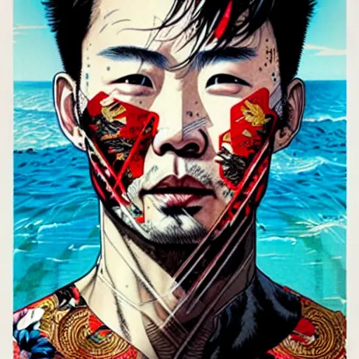 Image similar to a portrait of a chinese man with side profile blood in ocean intricate details by MARVEL comics and Sandra Chevrier-C