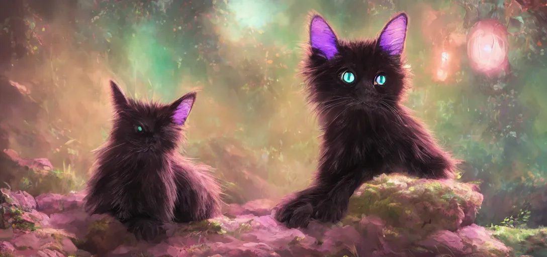 Image similar to ultra - realistic ultra - detailed adorable cute fluffy bioluminescent black cat in the style of ghibli kazuo oga, colorful fur, big ears, big purple eyes, forest landscape, dof, soft lighting, unreal engine, octane render