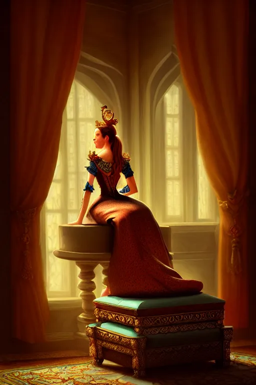 Prompt: insanely detailed painting of a beautiful lady in a castle on an ottoman, in the style of peter morbacher, dramatic lighting and composition, octane rendering, pixar, trends on artstation, concept art