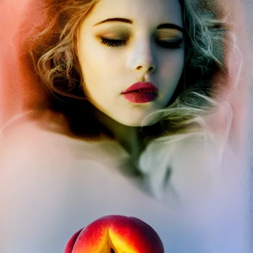 Image similar to A beautiful photograph. In the dream, she is eating a peach, on Venus. The flesh is sweet and juicy, slightly bitter. It mingles with Sydan's taste in a delicious way. by Mark Lovett evocative, elaborate