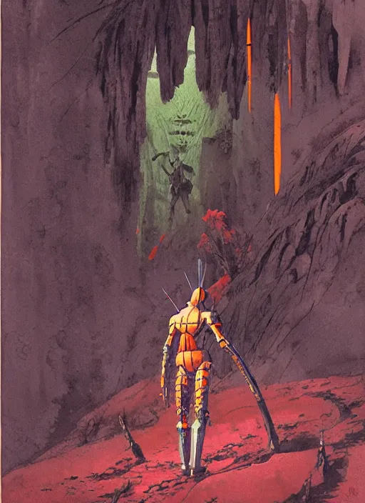 Prompt: vintage anime cinematic robot warrior emerging from moonlit lush cave mountain by Zdzislaw beksinski, watercolor concept art by Syd Mead, by william herbert dunton, watercolor strokes, japanese woodblock, by Jean Giraud