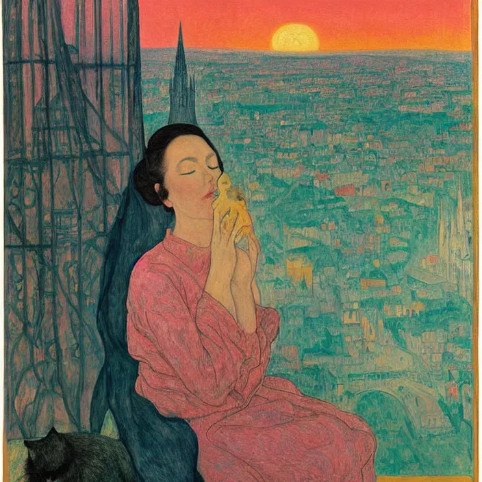 Image similar to close portrait of woman in transparent vaporous night gown washing her feet with cat and aloe vera, with city with gothic cathedral seen from a window frame with curtains. sun setting through the clouds, vivid iridescent psychedelic colors. agnes pelton, egon schiele, munch, henri de toulouse - lautrec, utamaro, monet