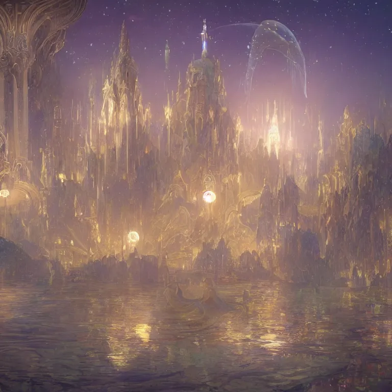 Image similar to a beautiful painting of the towers, domes, and pinnacles of the city of atlantis, underwater with glowing lights, fish and jellyfish, with the night sky with stars above, intricate, elegant, highly detailed, digital painting, artstation, concept art, by krenz cushart and artem demura and alphonse mucha