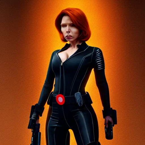 Image similar to Donald Trump as black widow, au naturel, hyper detailed, digital art, trending in artstation, cinematic lighting, studio quality, smooth render, unreal engine 5 rendered, octane rendered, art style by klimt and nixeu and ian sprigger and wlop and krenz cushart