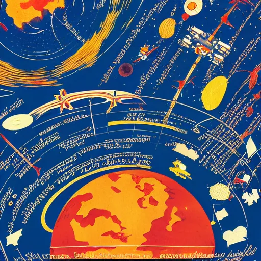 Prompt: highly detailed 6 0 s graphic poster with the world on fire, surrounded by space junk and old satellites, as seen from space, in the style of old botanical illustrations, matisse, caravaggio and japanese art, 4 k