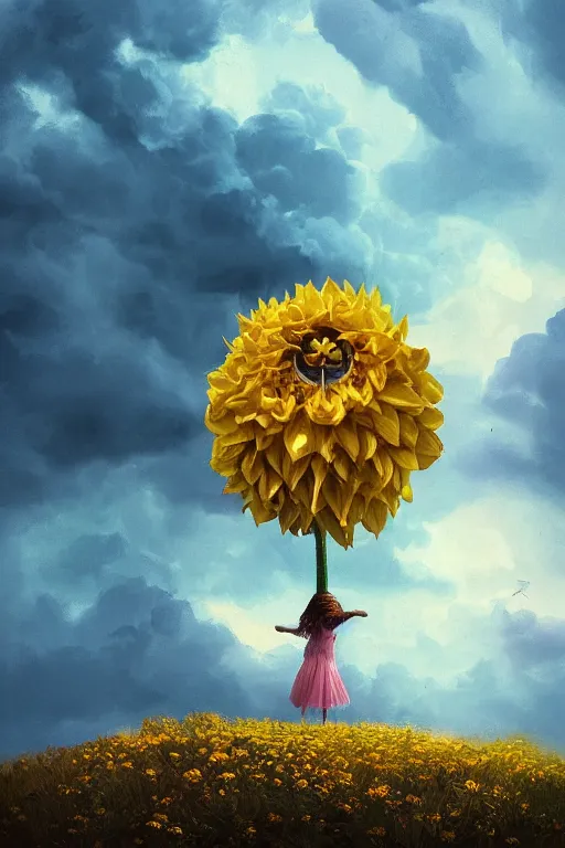 Image similar to closeup girl with huge yellow dahlia flower face, intricate, standing on mountain, surreal photography, blue storm clouds, dramatic light, impressionist painting, digital painting, artstation, simon stalenhag