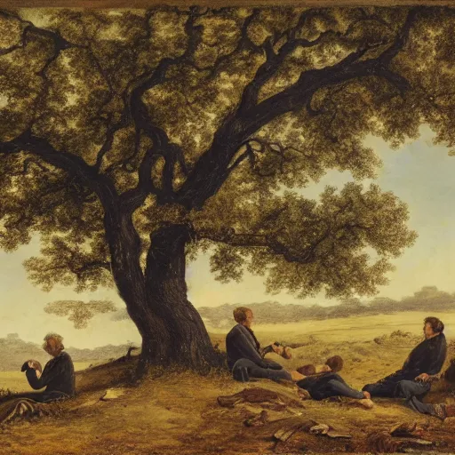 Prompt: 4 men resting by an oak tree