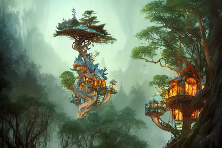 Image similar to treehouse from gaudi in a deep mystical forest , floating chinese lampoons, lake, waterfall, tall people walking and discussing, dynamic lighting, art by peter mohrbacher and john howe on artstation, mix with rivendell architecture, night mood