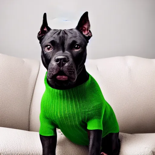 Prompt: American Staffordshire terrier wearing a green sweater, sitting on a sofa, 8k