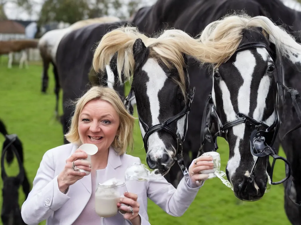 Image similar to liz truss drinking milk from the mouth of a horse