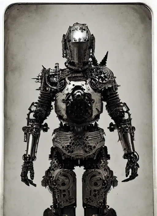 Prompt: old wetplate daguerreotype frame portrait of a futuristic silver armored evil dangerous horror knight district 9 cyborg, fractal, intricate, elegant, highly detailed, subsurface scattering, by jheronimus bosch and greg rutkowski and louis jacques mande daguerre