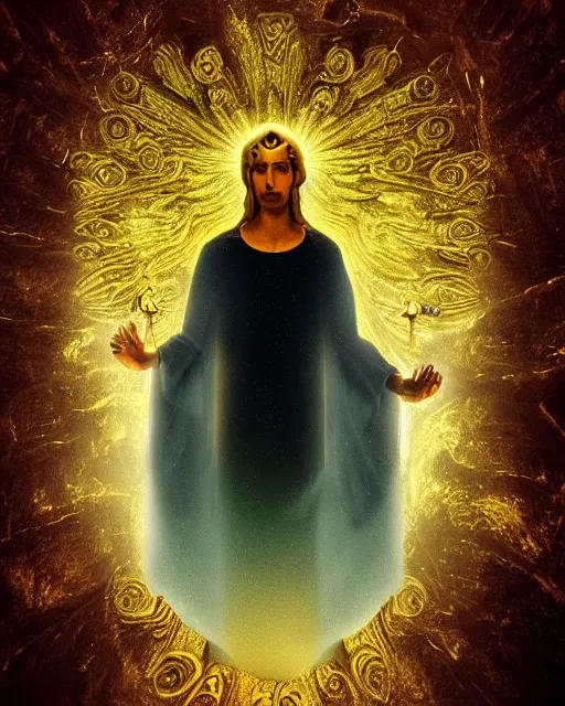 Image similar to the enigma god with a golden halo with forbidden knowledge by frank frazzetta