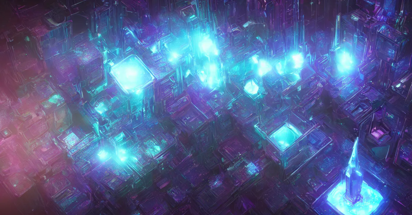 Prompt: Scifi concept art of huge magic tesseract, color difraction, aberrations, defocus, bokeh, dark room, rendered in Vray, high samples