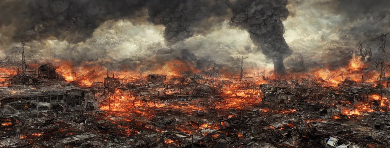 Prompt: vision of an still snapshots from moment if explosion of the hydrogen bomb, dust shockwave, apocalyptic ruined landscape in fire, waste, total destruction, detailed drawing of total devastation, collapsed houses, broken forests, burnt remains of cars and garbage, high detail, saturated colors, by james paick, render unreal engine - h 7 0 4