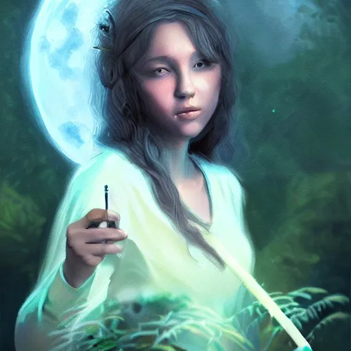 Prompt: portrait of a young female druid smoking pipeweed, D&D, moonlight, realistic, cinematic lighting, fantasy digital painting