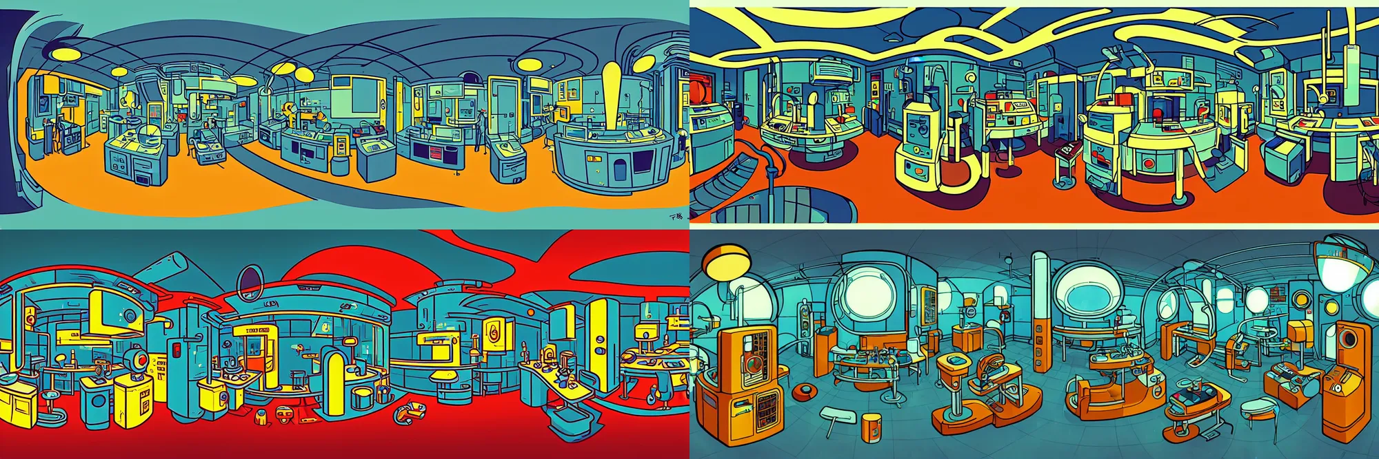 Prompt: a small laboratory, retro-futurism style-art deco style-sci-fi- by Peter Chan, in the style of day of the tentacle, fish eye
