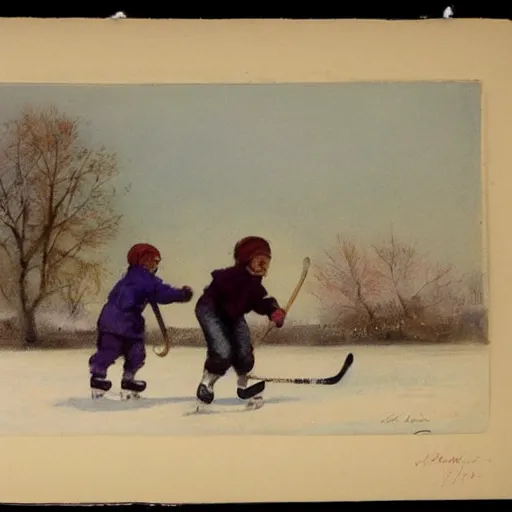 Image similar to ( ( ( ( ( 1 9 5 0 s kids playing hockey on a sunny winter. muted colors. ) ) ) ) ) by jean - baptiste monge!!!!!!!!!!!!!!!!!!!!!!!!!!!