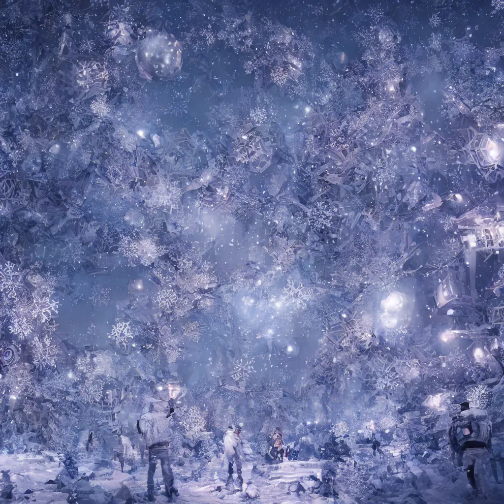 Prompt: hyperrealistic psychedelic winter wonderland, fractal snowflake, crystalline landscape, snowy cityscape, snowglobe, highly detailed, 8 k high quality octane render, ornamental, glowing lights, sharp focus, greg rutkowski, cinematic