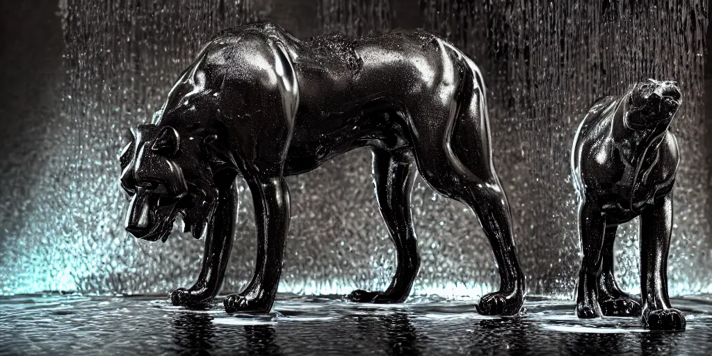 Prompt: the black lioness made of ferrofluid, bathing inside the bathtub filled with tar, dripping tar, drooling goo, sticky black goo, photography, dslr, reflections, black goo, rim lighting, cinematic light, chromatic, saturated, slime, modern bathroom, hyper realistic, 8 k resolution, unreal engine 5, raytracing