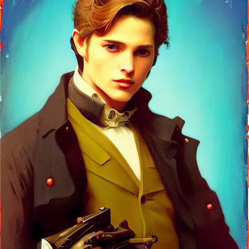 Image similar to a portrait painting of a fantasy gentleman gunslinger, art by tristan eaton and artgerm and william - adolphe bouguereau, vintage style