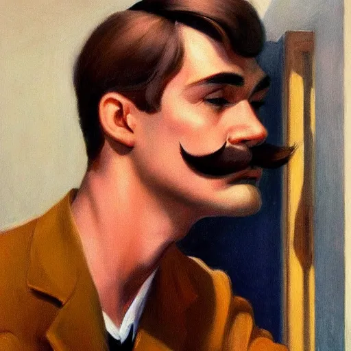 Image similar to a brown haired man with a small mustache staring deeply at camera, detailed, edward hopper, trending on artstation,