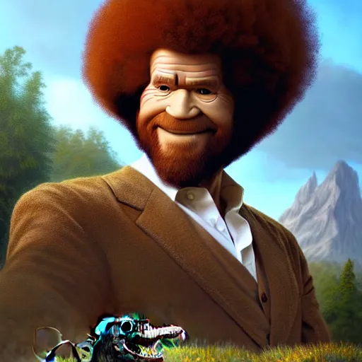 Image similar to bob ross!!! riding!!! a dinosaur!!, giant afro!, model pose, ultra realistic, concept art, intricate details, highly detailed, photorealistic, octane render, 8 k, unreal engine. art by artgerm and greg rutkowski and alphonse mucha