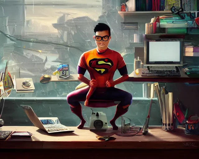 Image similar to an insanely detailed painting of a nerdy asian man wearing a superhero costume, sitting at a desk, staring at the nervously at the computer and typing, in the style of peter mohrbacher, dramatic lighting and composition, octane render, pixar, trending on artstation, concept art, comic book, view from behind