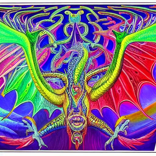 Prompt: a painting of a dragon with a psychedelic look, a detailed painting by alex grey, reddit contest winner, psychedelic art, detailed painting, psychedelic, ( ( made of crystals ) )