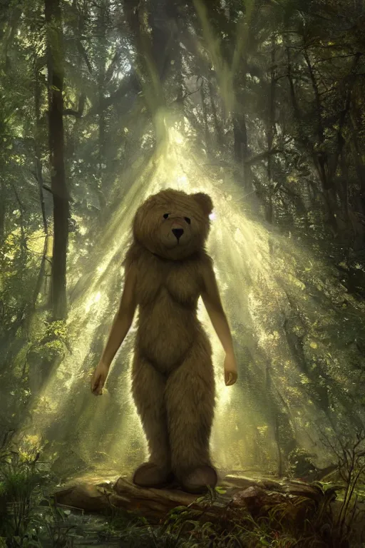 Image similar to mean fluffy teddybear protecting girl in a forest with rays of light coming through the canopy, masterpiece, dystopian, sci-fi, extremely detailed, digital painting, sculpted in zbrush, artstation, concept art, smooth, sharp focus, illustration, chiaroscuro lighting, golden ratio, incredible art, artgerm, greg rutkowski, alphonse mucha, simon stalenhag, carravaggio