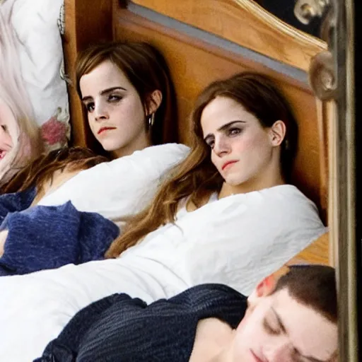 Image similar to emma watson and her friends sleeping in a bunch of cozy beds