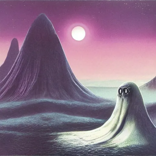 Prompt: robert smith as an alien, illustrated matte painting of a progressive rock album cover, 1 9 7 0 s