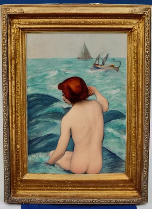 Prompt: vintage beautiful painting of a gay man with a mermaid tail looking with the back at the sea sitting on a white pearl in Mary Cassatt style