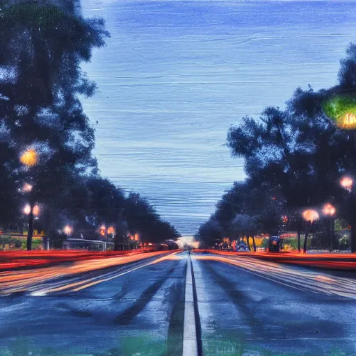 Image similar to boulevard, median with trees, uptown neighborhood, liminal space, traffic lights, blue hour