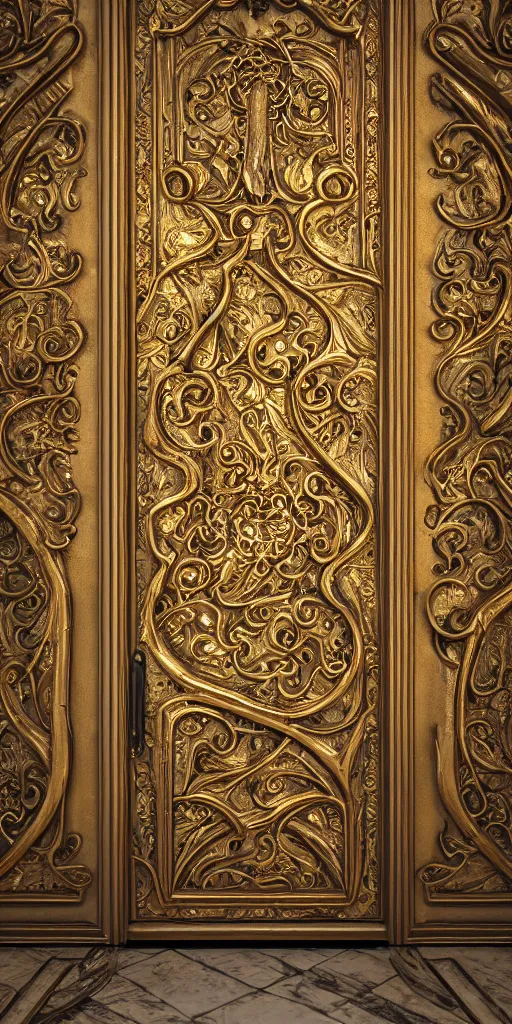 Image similar to an antique golden door with angelpunk style carvings, esoteric metalic design, dreamy, 8k, extreme detail, photorealistic, volumetric light, octane render, unreal engine, 16:9, ray tracing