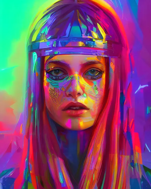 Image similar to colorful portrait of a female hippie, but set in the future 2 1 5 0 | highly detailed | very intricate | symmetrical | professional model | cinematic lighting | award - winning | painted by mandy jurgens | pan futurism, dystopian, bold psychedelic colors, cyberpunk, anime aesthestic | featured on artstation