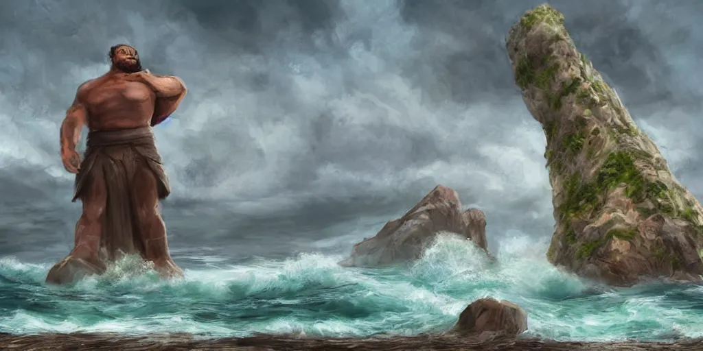 Prompt: friendly bipedal stone giant standing in sea protecting small island citywith skyscrpers from a tidal wave, low angle, concpet art, digital painting, high detail