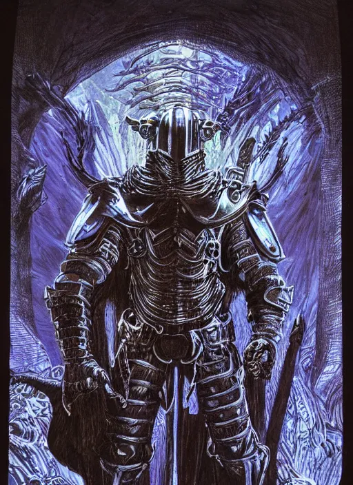 Image similar to emon knight in eldritch armor, blacklight poster on black paper, beautifully symmetrical, high detail render, by bernie wrightson greg rutowsk james jean