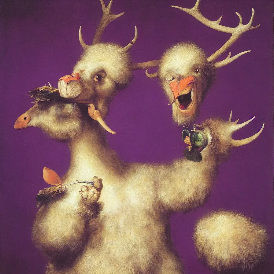 Prompt: hyper realistic painting by rembrandt, studio lighting, brightly lit purple room, a goose with antlers laughing at a giant crying rabbit with a clown mask