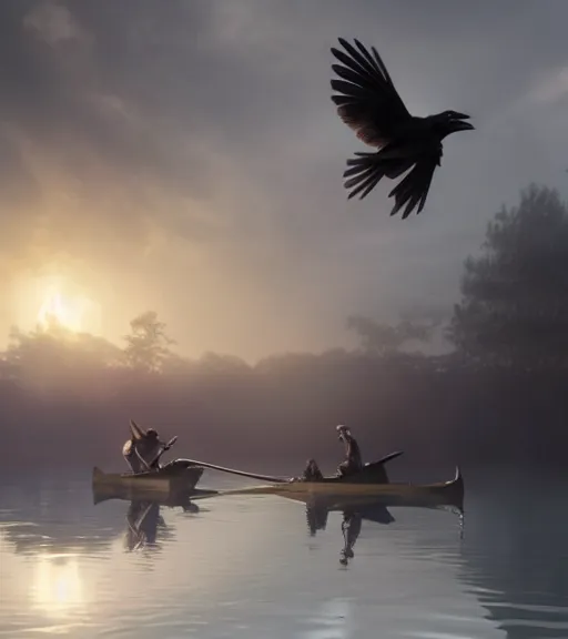 Image similar to three crows in a little boat in a swamp, volumetric lighting, majestic light, octane render, ethereal glare of the sun, hyperrealistic, epic, masterpiece, by greg rutkowski