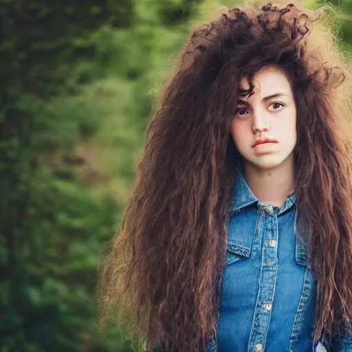 Image similar to teenage girl, long shaggy hair permed hair, double denim, heavy rocker, 2 0 2 2 photograph