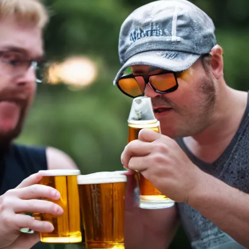 Image similar to man with down syndrome chugging beers photorealistic