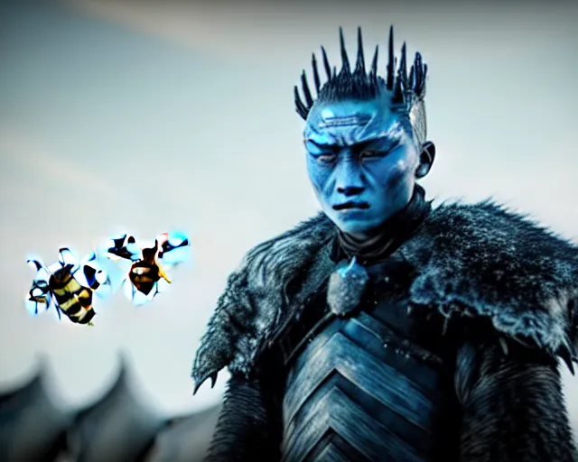 Image similar to justin sun as night king in game of thrones versus huge bee, 4 k, epic, cinematic, focus, movie still, fantasy, extreme detail, atmospheric, dark colour, sharp focus