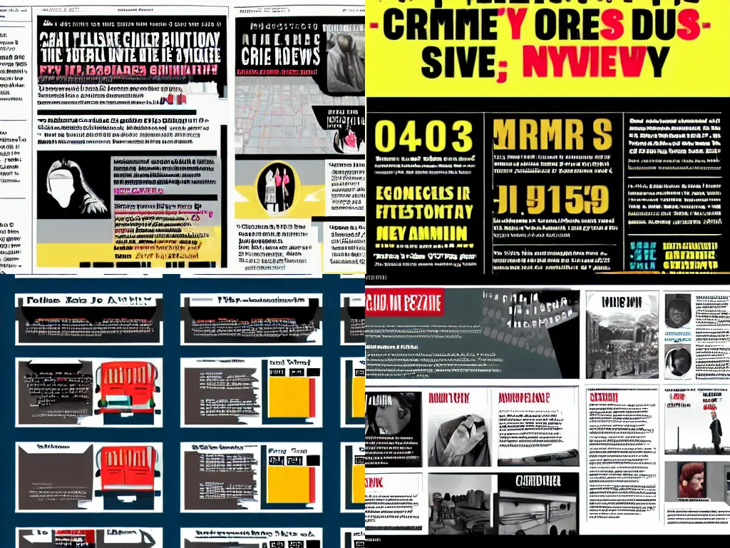 Prompt: magazine layout of crime mystery news, infographics, data visualization