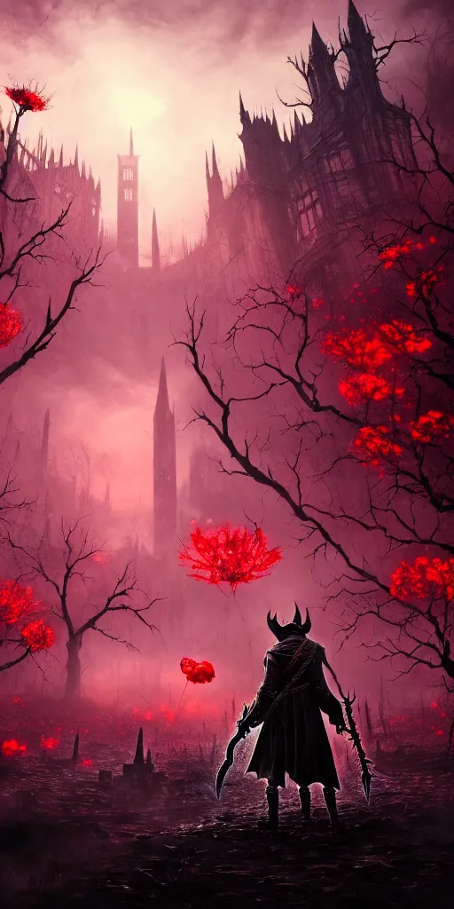 Image similar to abandoned bloodborne old valley with a obscure person at the centre and a ruined gothic city in the background, trees and stars in the background, falling red petals, epic red - orange moonlight, perfect lightning, wallpaper illustration by niko delort and kentaro miura, 4 k, ultra realistic